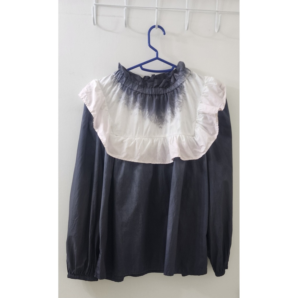 Sea‎ New York Tie Dye Ruffle Bib Blouse Charcoal Grey White Cotton Top Size 2